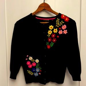 Lucky Brand cropped cardigan, black with embroidered flowers, size medium